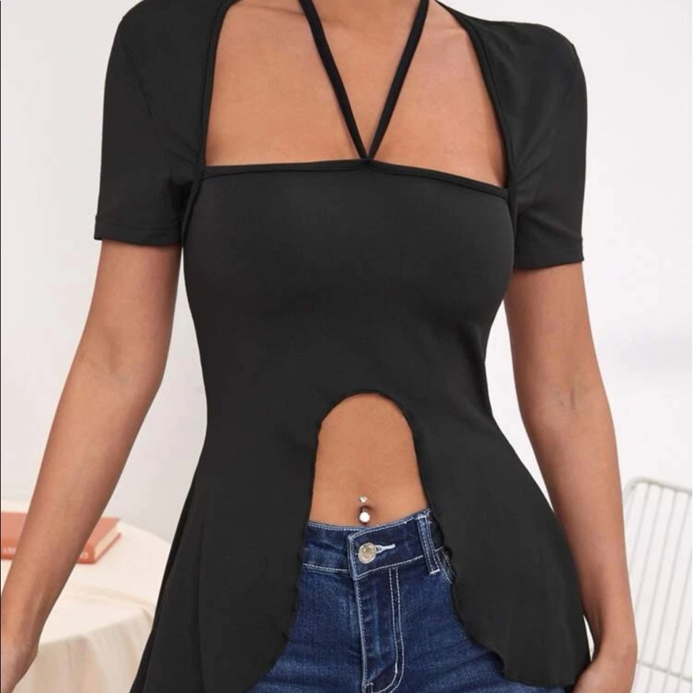 New Sexy Black Plain Asymmetrical Hem Tie Back Halter Short Sleeve Top - Picture 7 of 13
